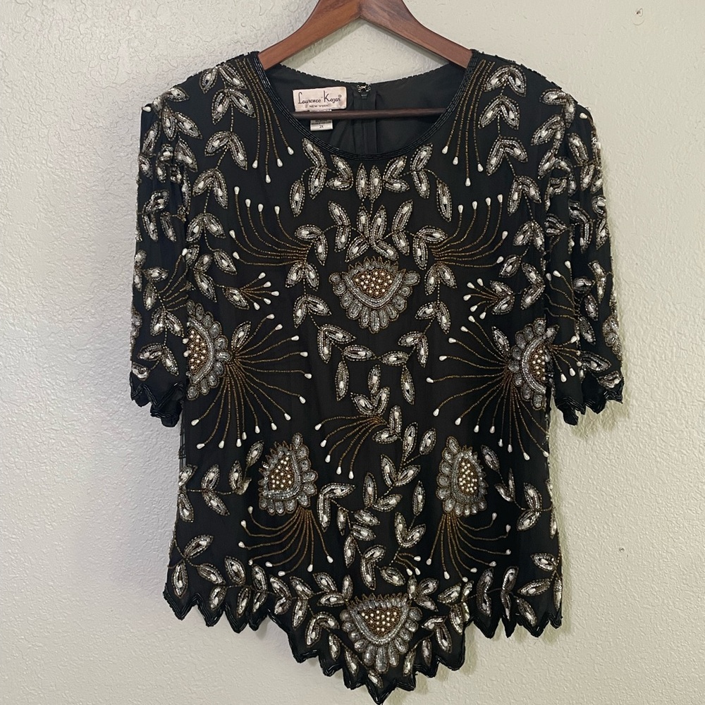 Vintage Plus Size 100% Silk Beaded Blouse - Picture 1 of 13